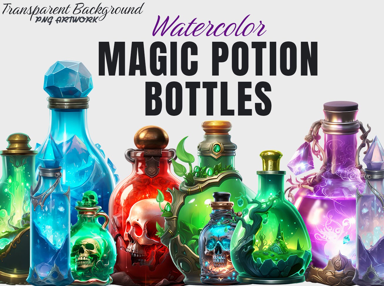 Magic Potion Bottles Pack, Digital Art, Mystery Wizard, Artwork