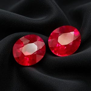 Puede incluir: Dos piedras preciosas rojas brillantes, talladas en forma ovalada y facetadas. Las gemas se muestran sobre una tela negra texturizada. Las piedras preciosas tienen un alto grado de claridad y brillo, reflejando la luz para crear un efecto brillante.