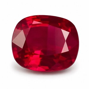 Pode incluir: Uma pedra preciosa de cor vermelho profundo e vibrante com um corte almofada, apresentando múltiplas facetas triangulares e trapezoidais que criam uma superfície brilhante e reflexiva. A pedra exibe um tom carmesim rico, saturado e límpido.