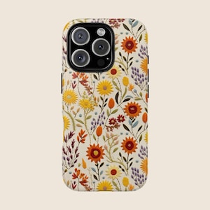 Fall Floral Embroidered Phone Case – Vintage Autumn Wildflower Pattern – Faux Stitch Design for iPhone