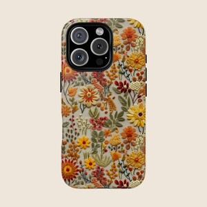 Fall Floral Embroidered Phone Case – Vintage Autumn Wildflower Pattern – Faux Stitch Design for iPhone