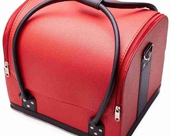 FS Creation Professional Bridel Leather Makeup Vanity Bag Travel Cosmetic Case Jewellery Nail Art Makeup Box Organizer For Women Black Red