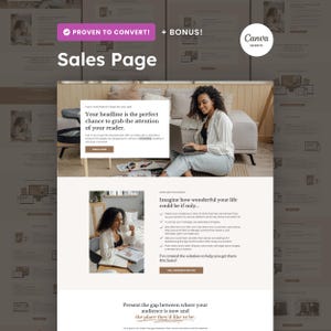 Puede incluir: Un diseño de página web con el texto "Sales Page" y "Proven to Convert! + BONUS!". El diseño presenta a una mujer usando una computadora portátil y cuadros de texto con texto de marketing. El logotipo del sitio web de Canva está en la esquina superior derecha.