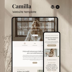 Pode incluir: Um modelo de site web num tablet e telemóvel exibe o nome "Camilla" e o texto "Modelo de site web". O ecrã do tablet mostra uma mulher e as palavras "Skyrocket your success with expert guidance". O ecrã do telemóvel diz "Unleash Your Business's True Potential."