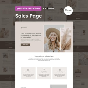 Może przedstawiać: Cyfrowy szablon strony sprzedaży z neutralną kolorystyką. Strona zawiera sekcje na nagłówek, hasło i korzyści, z tekstem "PROVEN TO CONVERT! + BONUS!". Prezentowane jest zdjęcie kobiety.