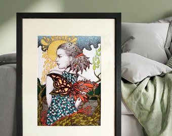 May include: A framed illustration of a woman with a butterfly wing and a sun behind her. The woman has long dark hair and is wearing a patterned dress. The background is a blue and green landscape.