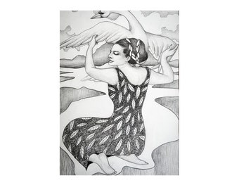 original artwork, drawing with pencil, woman with swan, picture with frame, direct purchase from the artist