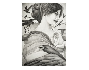 Original Female Portrait Drawing with Pencil, Woman with Raven, Surrealism, Artwork with Meaning, Unique Gift Idea