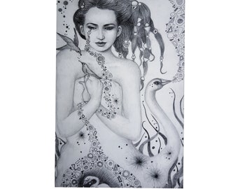 Original artwork, portrait pencil drawing, picture "Woman with Swan", unique gift, surrealist illustration
