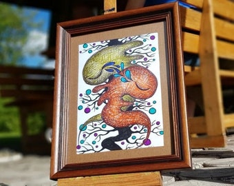 Small original work of art, drawing with ballpoint pen and colored pencils with wooden picture frame, special gift idea