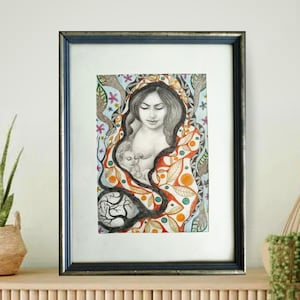 Original artwork &quot;Mother with Child&quot;, colored drawing Madonna with Child with color and pencil, art picture with frame, valuable gift