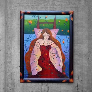 Original artwork, oil painting &quot;Sleeping Beauty&quot;, colorful fairy tale picture, frame with flower motif, unique gift idea, unique art