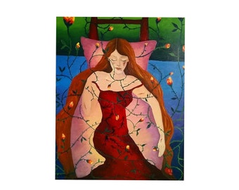 Original oil painting, fairytale picture "Sleeping Beauty", colorful picture with individually designed picture frame, unique gift idea