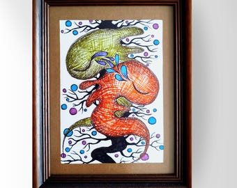 small original artwork, colored drawing with ballpoint pen and colored pencils, picture with frame as wall decoration, art illustration, unique