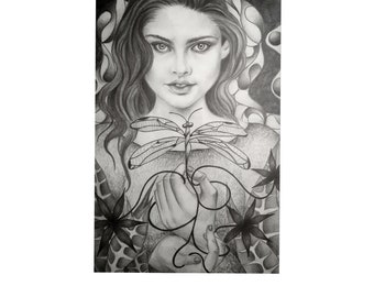 Original drawing with pencil, female portrait with dragonfly, direct purchase from the artist, with picture frame and certificate of authenticity