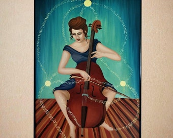 Ölgemälde "Frau mit Cello", Original Kunstwerk mit Rahmen, hochwertiges Bild für Wohnungsdekoration, ausgefallene Geschenkidee für Musikfans