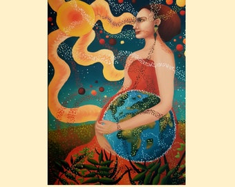 Original oil painting with powerful colors, artwork theme Mother Earth, oil on canvas, high quality gift