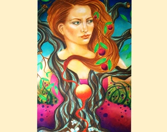 Original artwork "Woman and the Tree of Life", drawing with pastel chalk, unique painting, special gift idea, portrait drawing