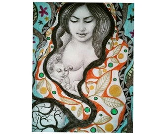 Original artwork "Mother with child, colored drawing mixed media with pencil and polychromos, special gift idea for Mother's Day