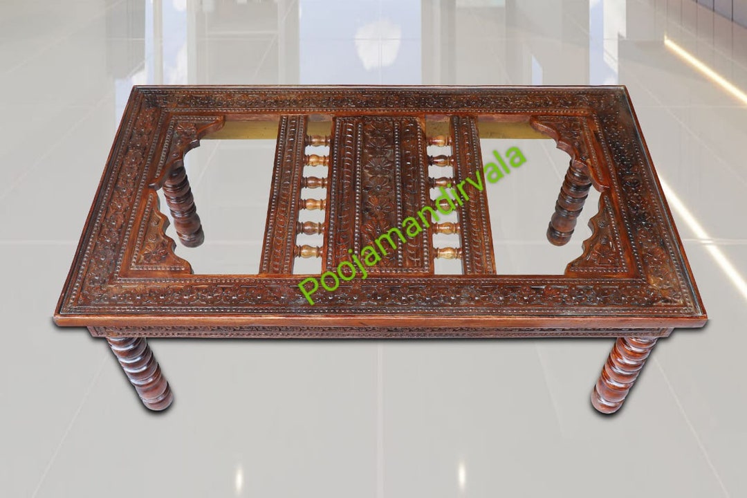 Hand Carved Solid Teak Wood Coffee Table With Glass Top, Rajasthani Tea ...