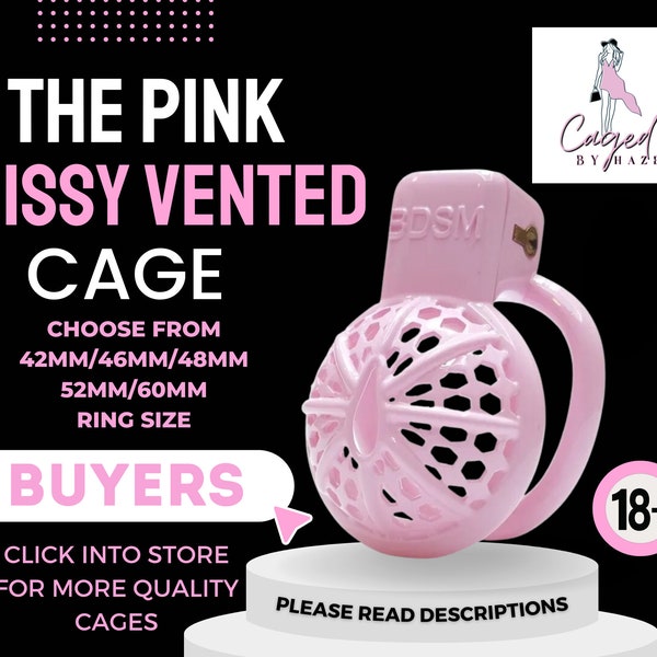 Pink sissy vented clitty chastity cage. Adult sex toy cock cage. 5 cock rings sizes including 60mm. Male chastity device