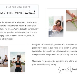 Op de afbeelding: Witte achtergrond met de tekst "HELLO AND WELCOME TO MY THRIVING mind". De afbeelding bevat foto's van mensen, waaronder een vrouw die schrijft, mensen die met groen materiaal werken en een vrouw die haar arm buigt.