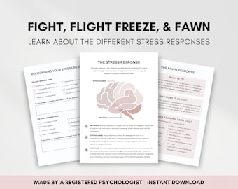 Fight Flight Freeze Fawn Therapy Worksheet Bundle for Adults and Teens to Understand Stress Response and Nervous System Regulation