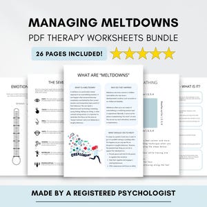 May include: A bundle of PDF therapy worksheets titled "Managing Meltdowns." The cover features the title, a star rating, and the text "26 pages included!" Several pages are visible, with content on emotions and managing meltdowns. The bottom text reads "Made by a Registered Psychologist."