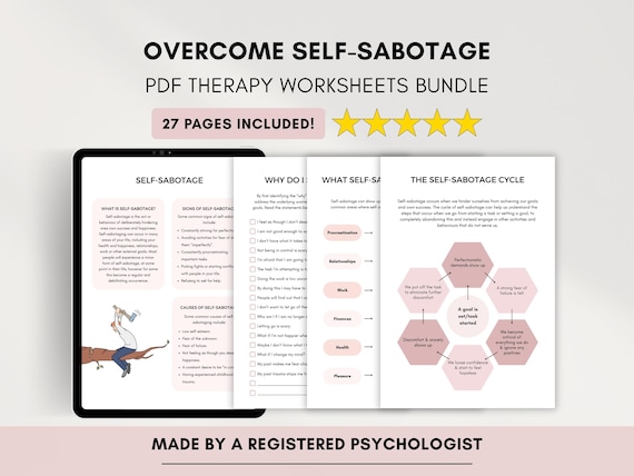 Self Sabotage Worksheets: Overcoming Procrastination, Self Esteem (Printable/Fillable)