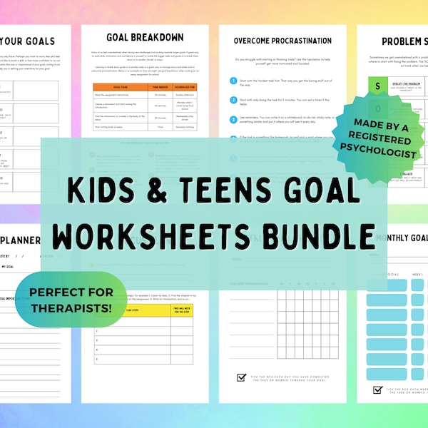 Goal Setting Worksheet Bundle for Teens, Procrastination Planner, Printable SMART Goals Template Workbook, Problem Solving for Kids