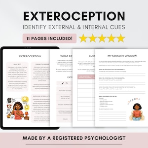 Può includere: Un download digitale intitolato "Eterocezione" con il testo "Identifica segnali esterni e interni". L'immagine mostra un tablet che mostra fogli di lavoro con illustrazioni e testo. Il prodotto include 11 pagine ed è realizzato da uno psicologo registrato.