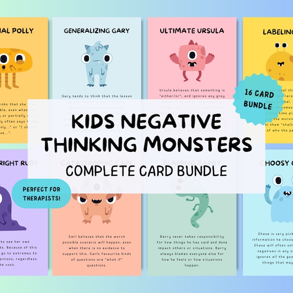 Automatic Negative Thought Cards, Worry Monster, Cognitive Distortions Kids, Coping Skills for Children, School Counseling Resources