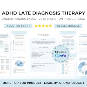 ADHD Late Diagnosis Therapy Worksheets for Adults Managing Executive Dysfunction (Canva Editable)