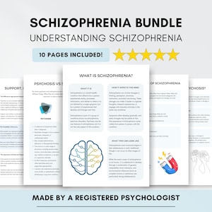 May include: A bundle of educational materials on schizophrenia, featuring the title "Schizophrenia Bundle" and "Understanding Schizophrenia." The image includes several pages with text and graphics, including a brain illustration and the text "10 Pages Included!" The text "Made by a Registered Psychologist" is also visible.