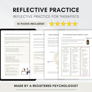 Può includere: Un documento digitale intitolato "REFLECTIVE PRACTICE" per terapisti, visualizzato su un tablet. Il documento include sezioni sulla pratica sostenibile, i quadri clinici e un semaforo di riflessione. Il testo "10 PAGES INCLUDED!" è visibile.