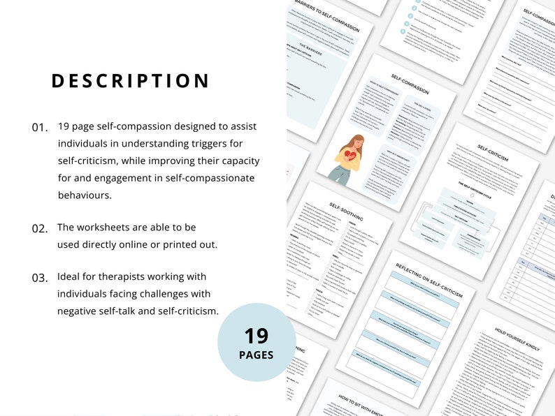 Self Compassion Worksheet Bundle to Learn Self-Compassion and Positive Self Talk