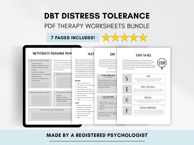 DBT Distress Tolerance Worksheets Bundle for Emotional Regulation (PDF ...