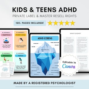 Hojas de trabajo sobre TDAH para niños y adolescentes (con derechos de reventa editables en Canva) (descarga digital en PDF)