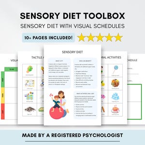May include: A set of printable pages titled "Sensory Diet Toolbox" with the text "Sensory Diet with Visual Schedules." The pages include visual schedules and tactile activities. The text "10+ PAGES INCLUDED!" is also visible.