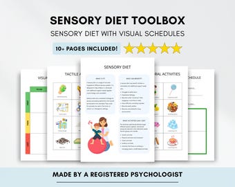 May include: A set of printable pages titled "Sensory Diet Toolbox" with the text "Sensory Diet with Visual Schedules." The pages include visual schedules and tactile activities. The text "10+ PAGES INCLUDED!" is also visible.