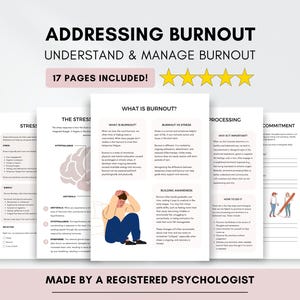 Könnte beinhalten: Ein digitales Dokument mit dem Titel "Addressing Burnout" mit dem Text "Understand & Manage Burnout". Das Dokument enthält 17 Informationsseiten mit Überschriften wie "What is Burnout?" und "Processing". Das Dokument wurde von einem zugelassenen Psychologen erstellt.