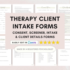 Therapy Client Intake Forms Bundle: Counselor Assessment (PDF & Canva Editable)