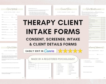 Therapy Client Intake Forms Bundle: Counselor Assessment (PDF & Canva Editable)