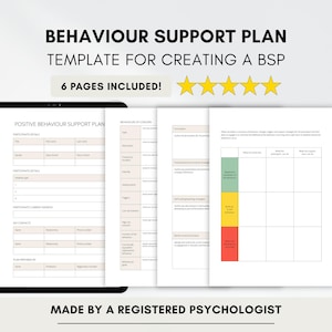May include: A digital tablet displays a "Behaviour Support Plan" template with the text "6 pages included!". The template includes sections for participant details and behaviour of concern. The text "Made by a registered psychologist" is at the bottom.