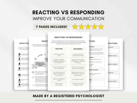 Reacting vs Responding Worksheets: Couples Therapy Communication Skills (Printable & Fillable)