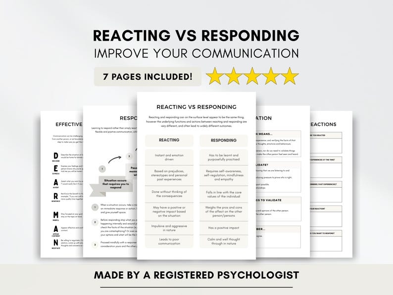 Reacting vs Responding Worksheets for Couples Therapy and Marriage Counseling