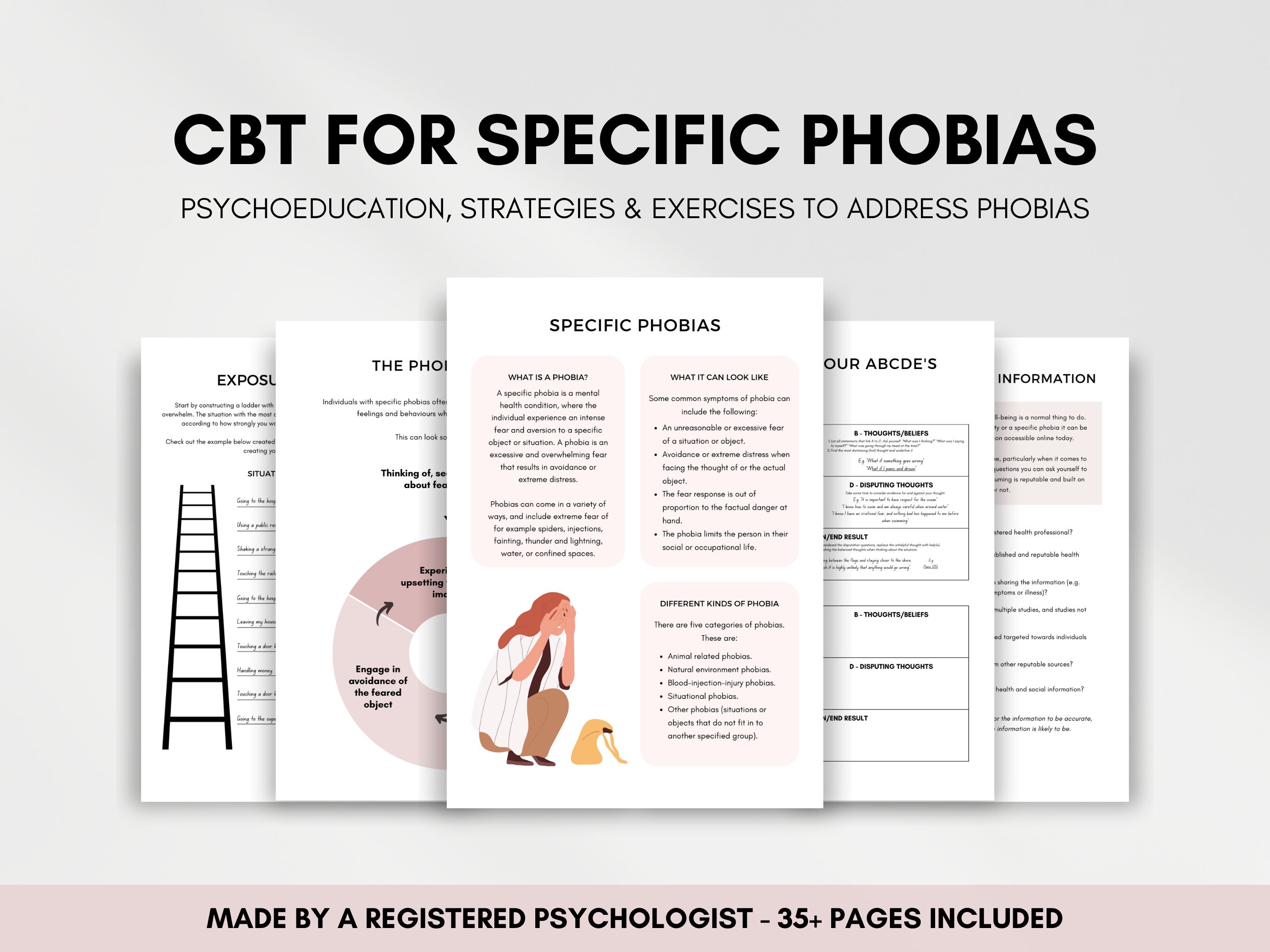 CBT for Phobias Worksheets Bundle, Psychoeducation and Exposure Therapy Resource to Manage Phobias, Challenge Negative Thoughts & Behaviors
