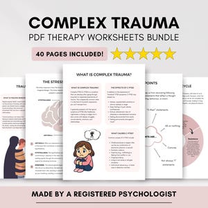 Puede incluir: Un paquete de hojas de trabajo de terapia en PDF titulado "Trauma Complejo", con el texto "40 páginas incluidas". Las hojas de trabajo presentan diagramas e ilustraciones sobre trauma, estrés y temas relacionados. La parte inferior de la imagen dice "Made by a Registered Psychologist."