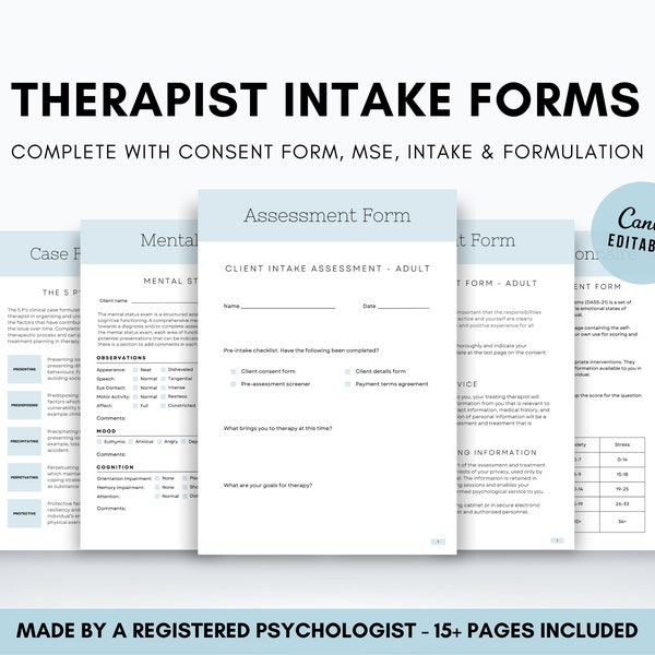 New Therapist Client Intake Form Bundle, Therapy Intake and Assessment Forms for Counsellor or Psychologist, Mental Status Examination