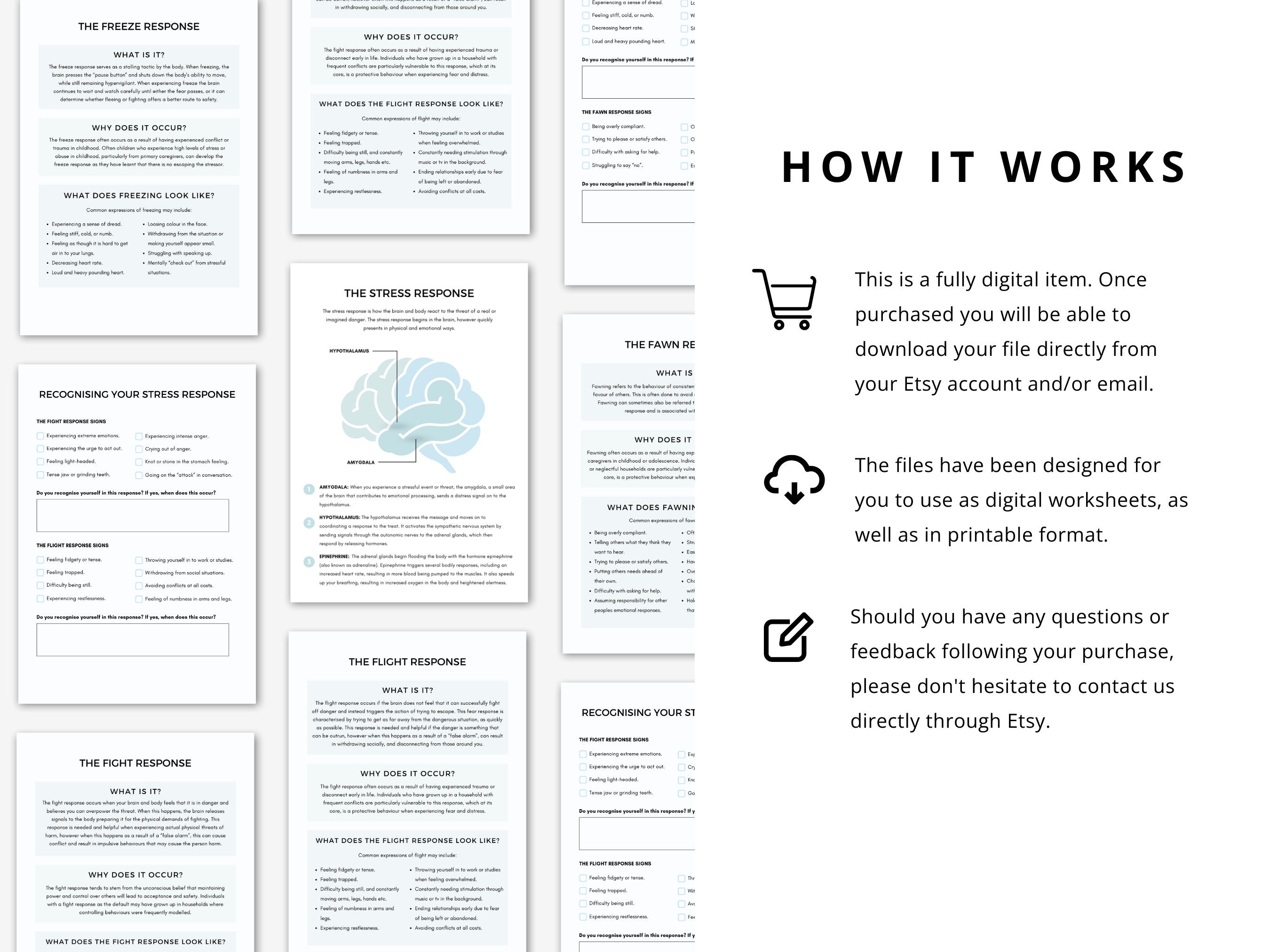 Fight Flight Freeze Fawn Response Worksheet Bundle, Therapist Resource ...